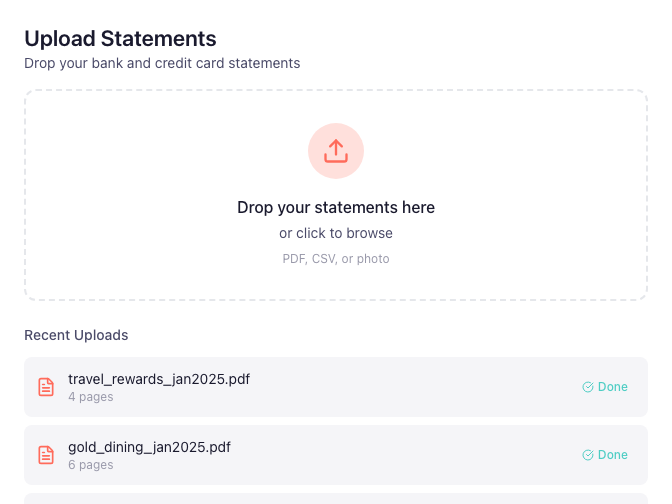 Screenshot of the statement upload interface showing PDF processing